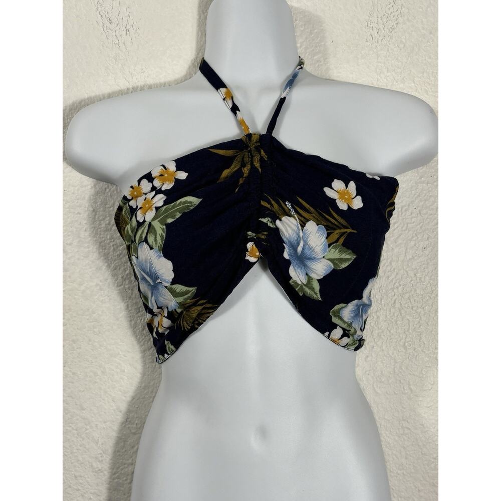 Bali Chic Top One Size Floral Rayon Halter Top Hawaiian‎ Blue